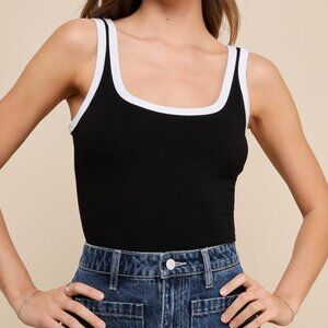 LULU BLACK AND WHITE MONOCHROME STRETCH COLORBLOCK BODYSUIT - SMALL